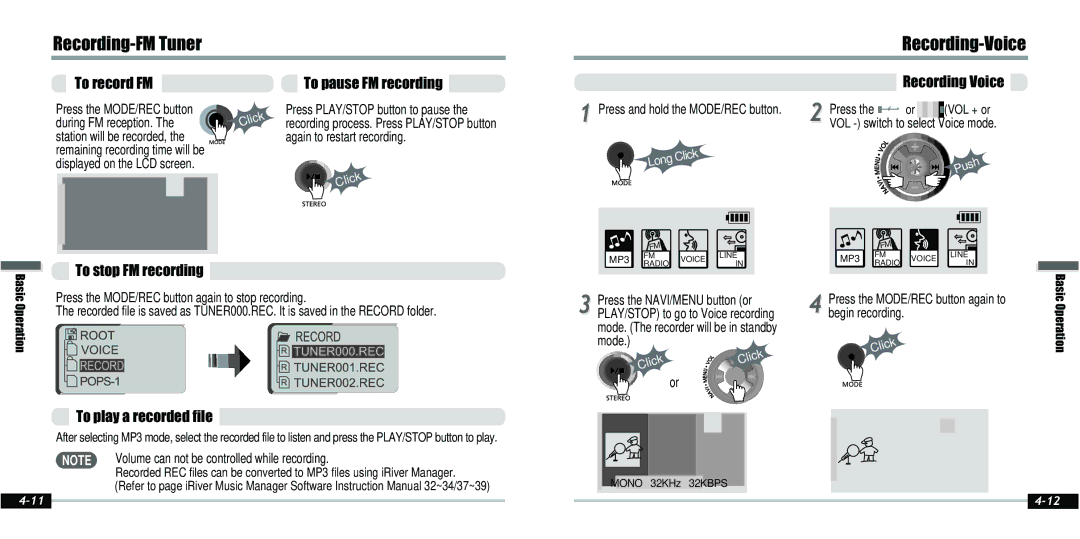 IRiver IFP-800 instruction manual Recording-FM Tuner, Recording-Voice, To play a recorded file, Recording Voice 