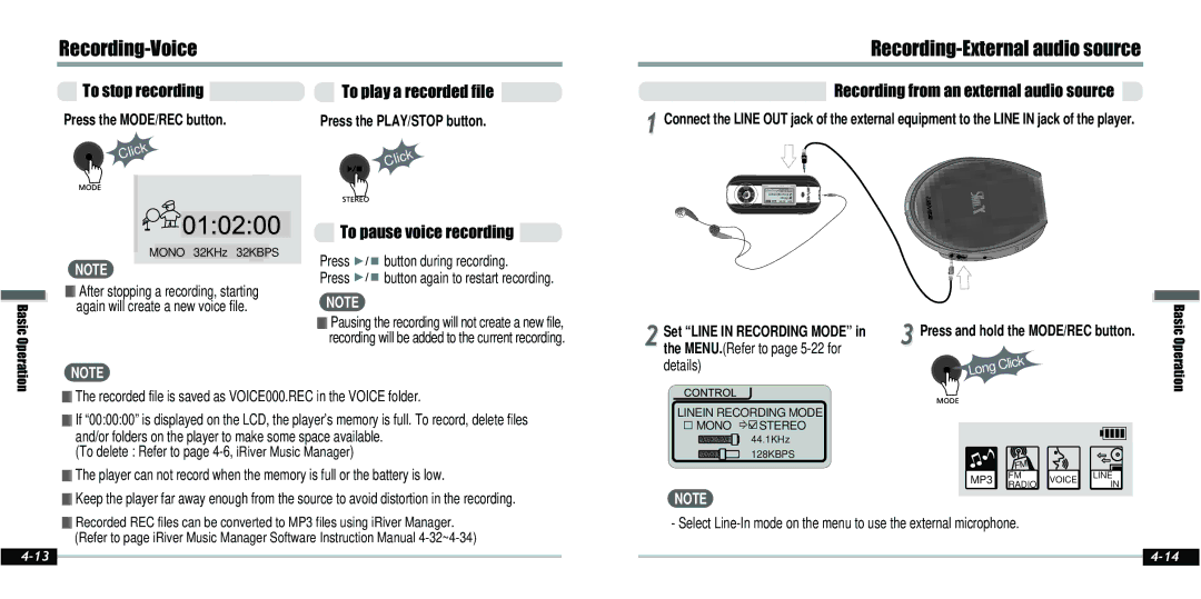 IRiver IFP-800 instruction manual Recording-Voice, Recording-External audio source, Recording from an external audio source 