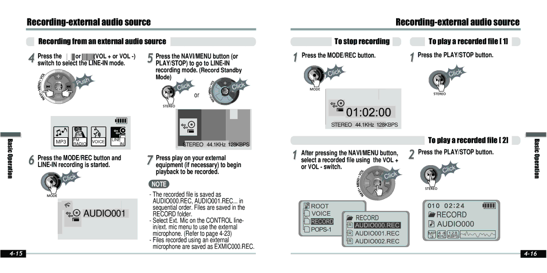 IRiver IFP-800 instruction manual Recording-external audio source, Or VOL switch 