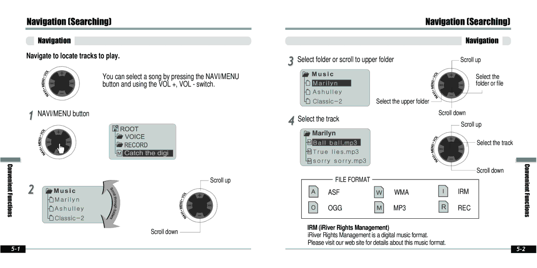 IRiver IFP-800 instruction manual Navigation Searching, Scroll down Scroll up, Select the upper folder Scroll down 