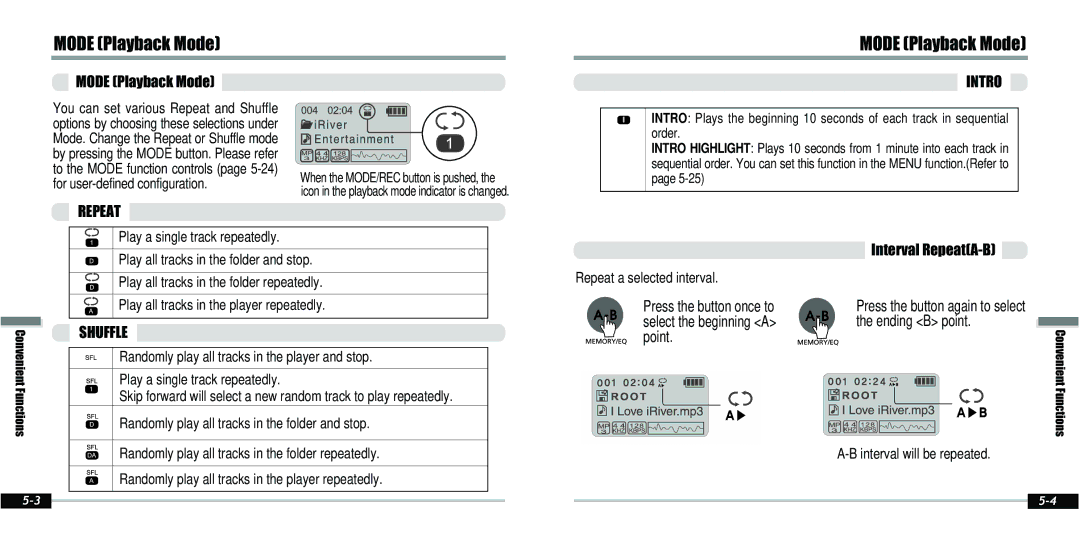 IRiver IFP-800 instruction manual Mode Playback Mode, Intro, Repeat, Shuffle 