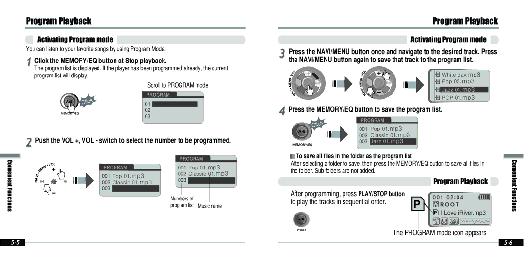 IRiver IFP-800 instruction manual Program Playback, Activating Program mode, Program mode icon appears 