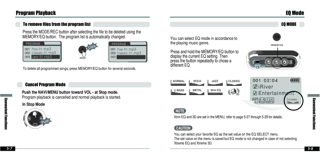 IRiver IFP-800 instruction manual EQ Mode, To remove files from the program list, Cancel Program Mode 