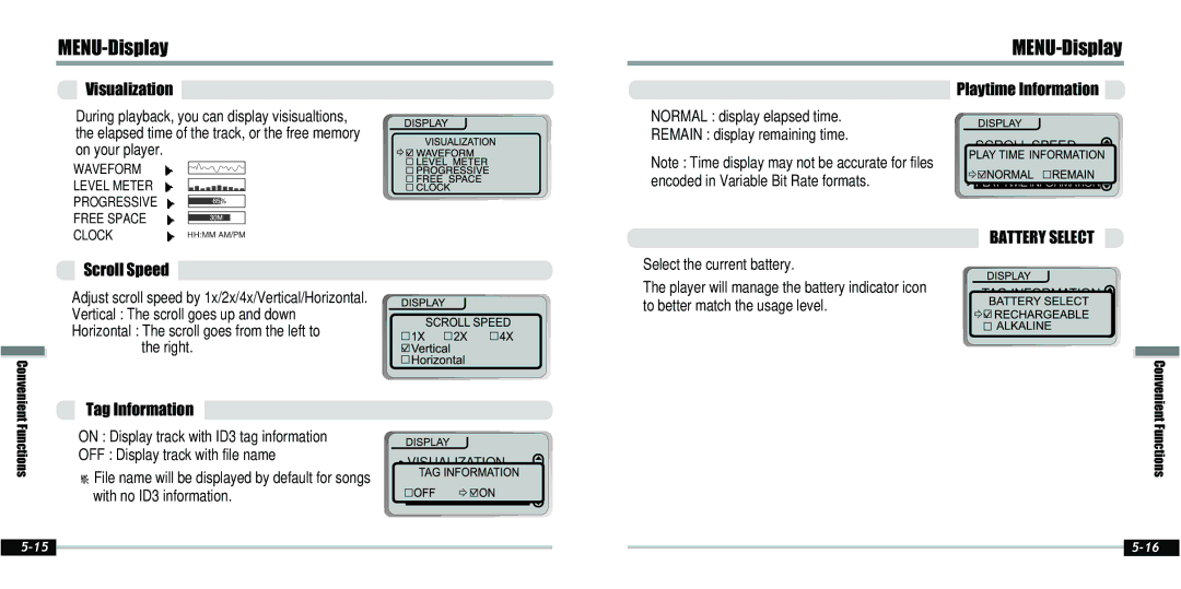 IRiver IFP-800 instruction manual Visualization, Playtime Information, Scroll Speed, Battery Select, Tag Information 