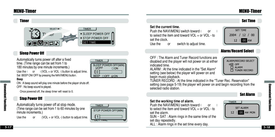 IRiver IFP-800 instruction manual Sleep Power Off, Stop Power Off, Alarm/Record Select, Set Alarm 