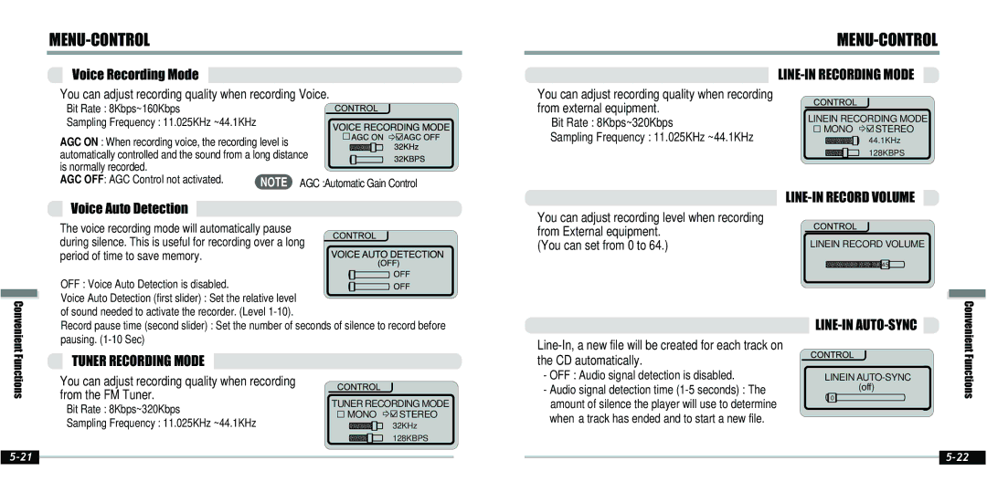 IRiver IFP-800 instruction manual LINE-IN Recording Mode, LINE-IN Record Volume, Tuner Recording Mode, Line-In Auto-Sync 