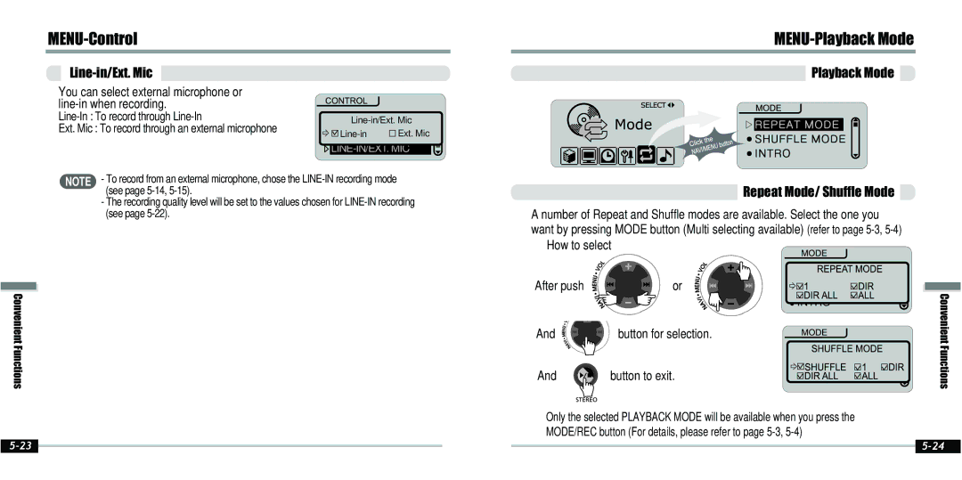 IRiver IFP-800 instruction manual MENU-Playback Mode, Line-in/Ext. Mic 