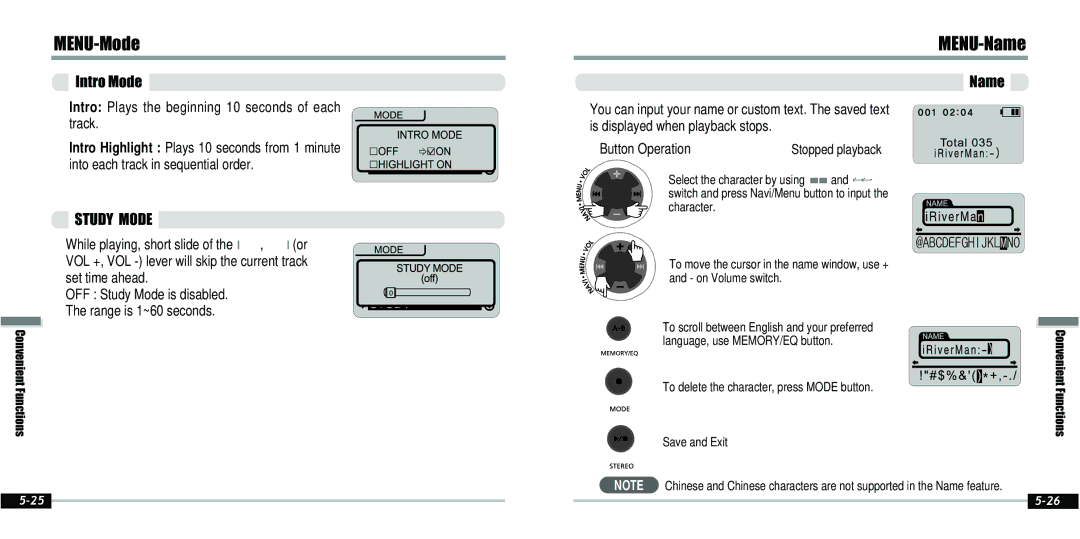 IRiver IFP-800 instruction manual MENU-Mode MENU-Name, Intro Mode, Study Mode 