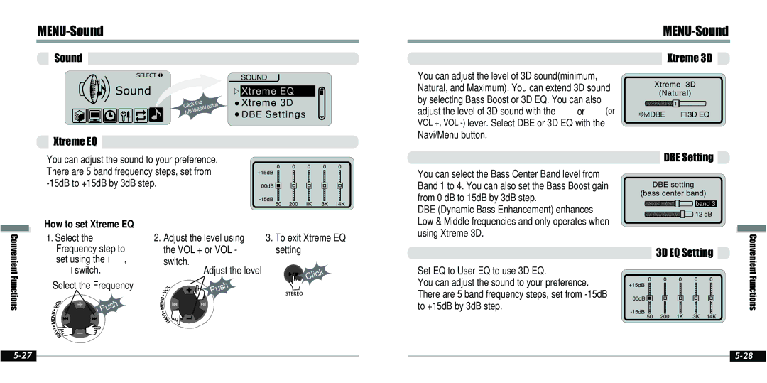 IRiver IFP-800 instruction manual MENU-Sound, Sound Xtreme EQ, Xtreme 3D, DBE Setting, 3D EQ Setting 