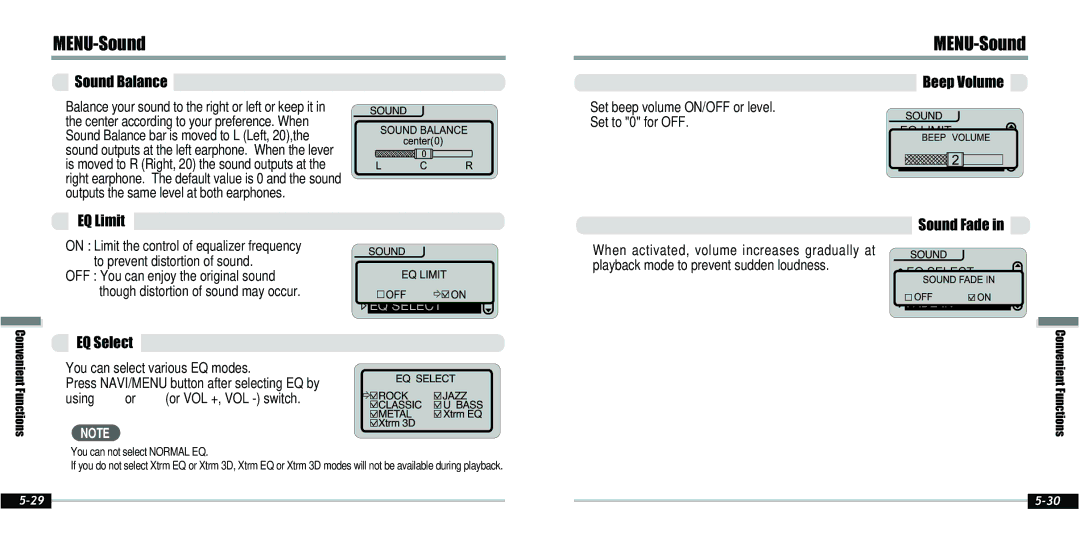 IRiver IFP-800 instruction manual Sound Balance, Beep Volume, EQ Limit, EQ Select, Sound Fade 