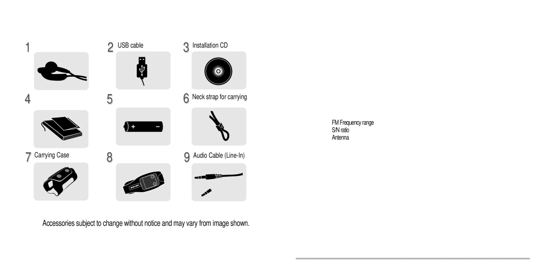 IRiver IFP-800 instruction manual Accessories, Specifications, Earphone/ Earphone cover 2 USB cable, Carrying Case Arm Band 