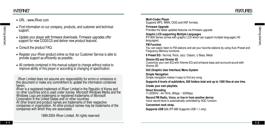 IRiver IFP-800 instruction manual Features 