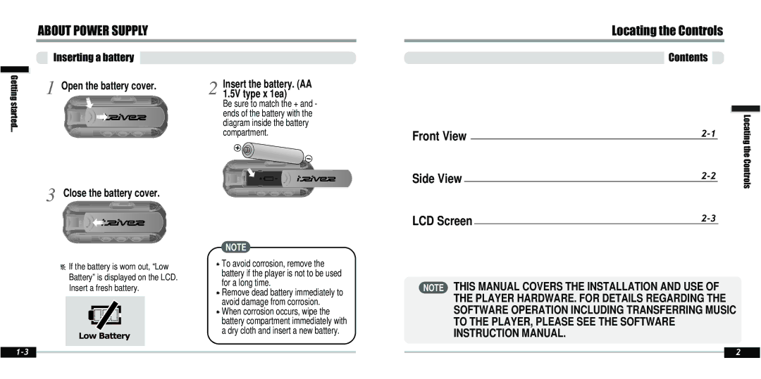 IRiver IFP-800 instruction manual Locating the Controls, Inserting a battery, Contents 