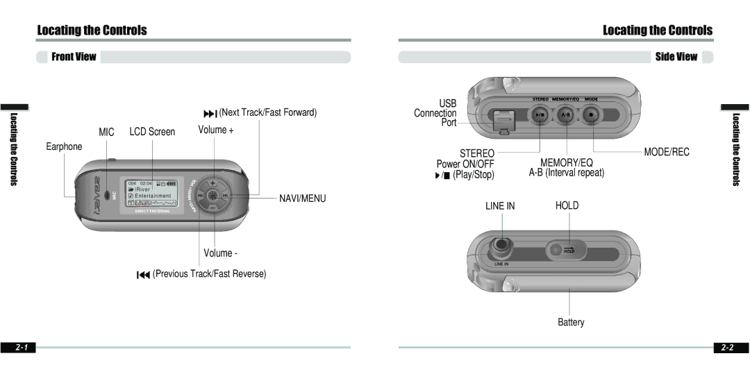 IRiver IFP-800 instruction manual Front View, Earphone, Side View, Previous Track/Fast Reverse, Battery 