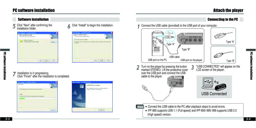 IRiver IFP-800 instruction manual Attach the player, Software installation Connecting to the PC, Installation folder 