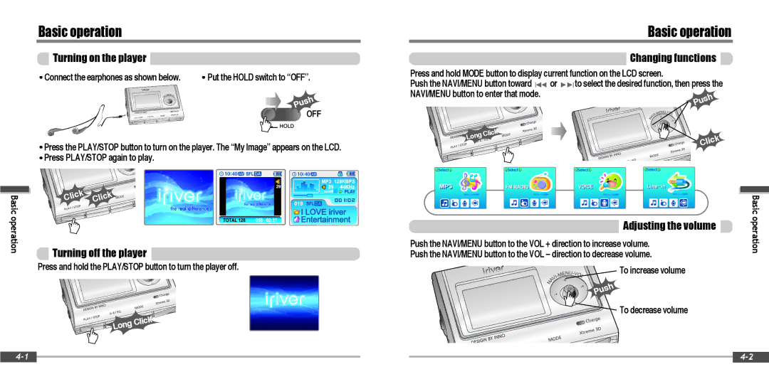 IRiver IFP-900 instruction manual Turning on the player, Changing functions, Adjusting the volume, To decrease volume 