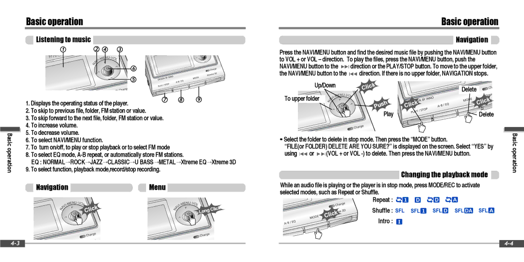 IRiver IFP-900 instruction manual Listening to music, Navigation Menu, Changing the playback mode 