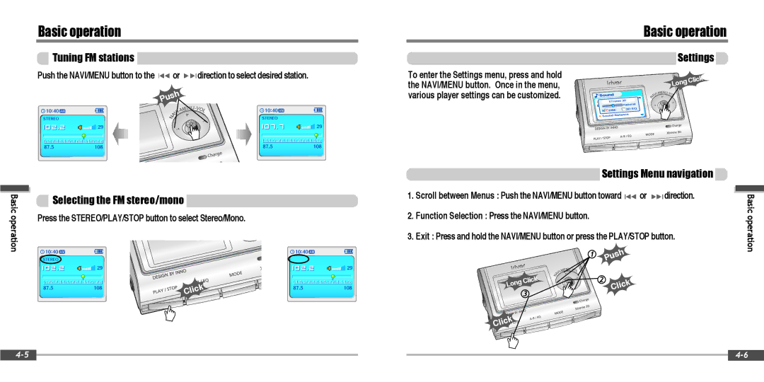 IRiver IFP-900 instruction manual Tuning FM stations, Selecting the FM stereo/mono, Settings Menu navigation, Direction 