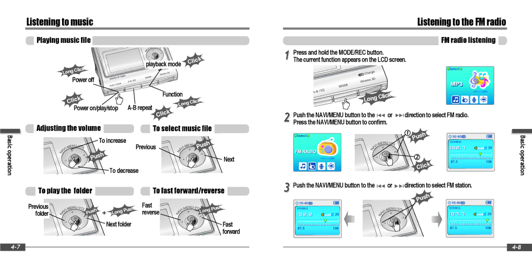 IRiver IFP-900 instruction manual Listening to music, Listening to the FM radio 