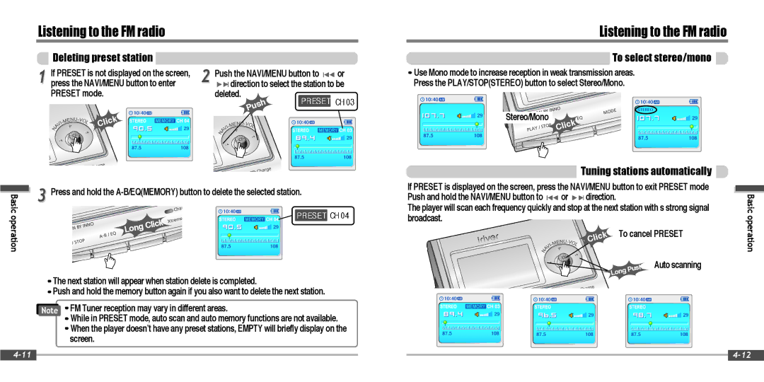 IRiver IFP-900 instruction manual Deleting preset station, To select stereo/mono, Tuning stations automatically, Deleted 