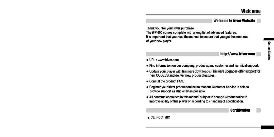 IRiver IFP-900 instruction manual Welcome to iriver Website, Certification 