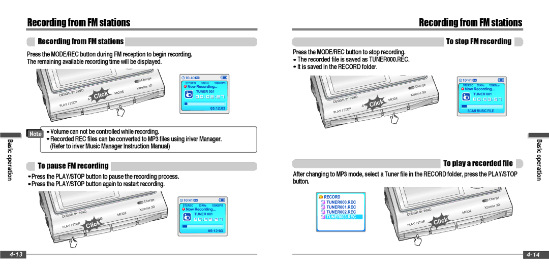 IRiver IFP-900 Recording from FM stations, To pause FM recording, To stop FM recording, To play a recorded file 