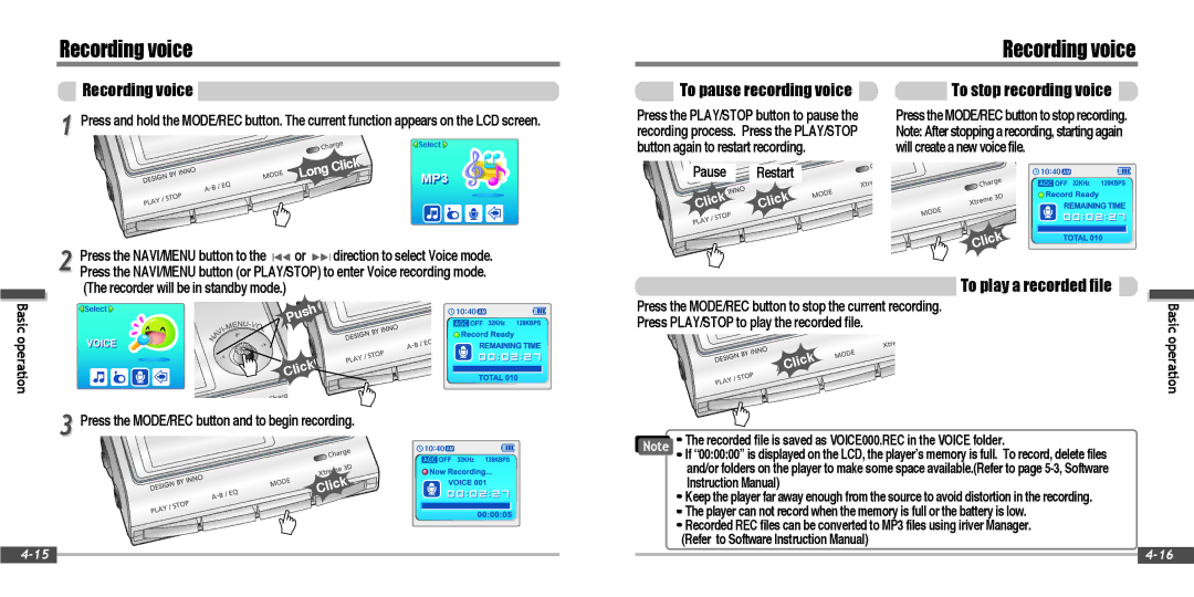 IRiver IFP-900 instruction manual Recording voice, To pause recording voice, To stop recording voice 