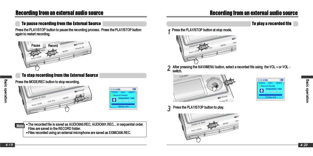 IRiver IFP-900 instruction manual To pause recording from the External Source, To stop recording from the External Source 