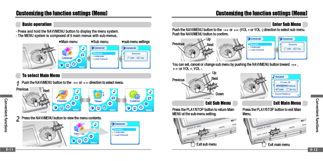 IRiver IFP-900 Customizing the function settings Menu, Basic operation, To select Main Menu, Enter Sub Menu, Exit Sub Menu 