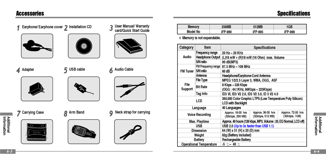 IRiver IFP-900 instruction manual Accessories, Specifications, Adapter USB cable, Carrying Case Arm Band 