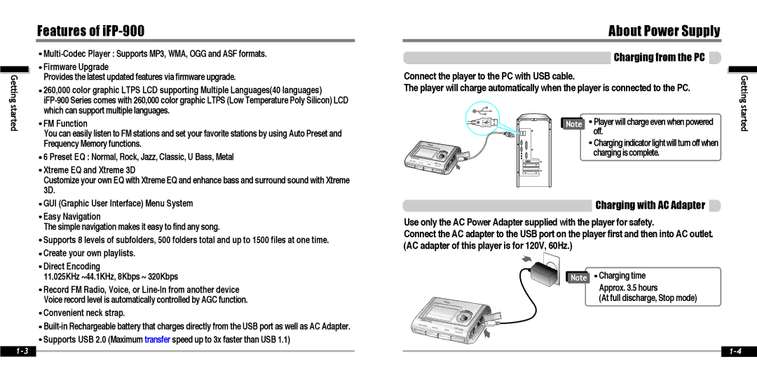 IRiver IFP-900 Charging from the PC, Charging with AC Adapter, Convenient neck strap, Off, Chargingiscomplete 