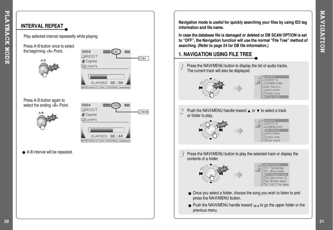 IRiver IHP-140 Interval Repeat, Navigation Using File Tree, Play selected interval repeatedly while playing 