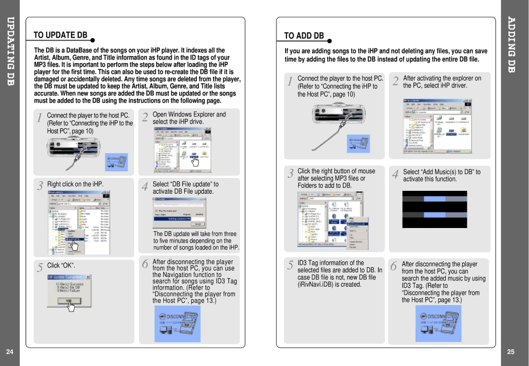 IRiver IHP-140 instruction manual To Update DB, To ADD DB 