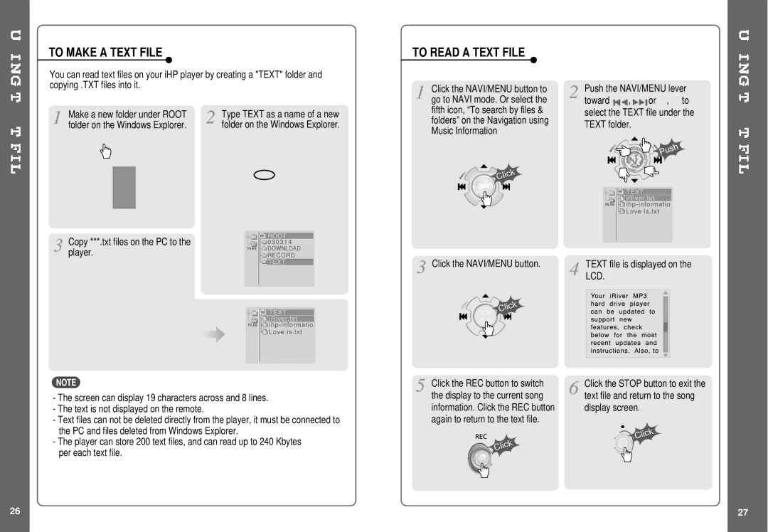 IRiver IHP-140 To Make a Text File, To Read a Text File, Folder on the Windows Explorer, Click the NAVI/MENU button 