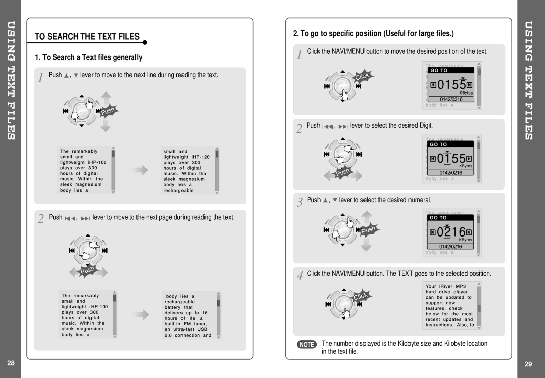 IRiver IHP-140 instruction manual To Search the Text Files, To Search a Text files generally 