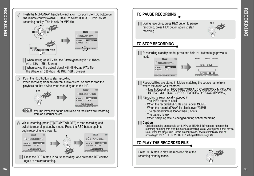 IRiver IHP-140 instruction manual To Pause Recording, To Stop Recording, To Play the Recorded File 