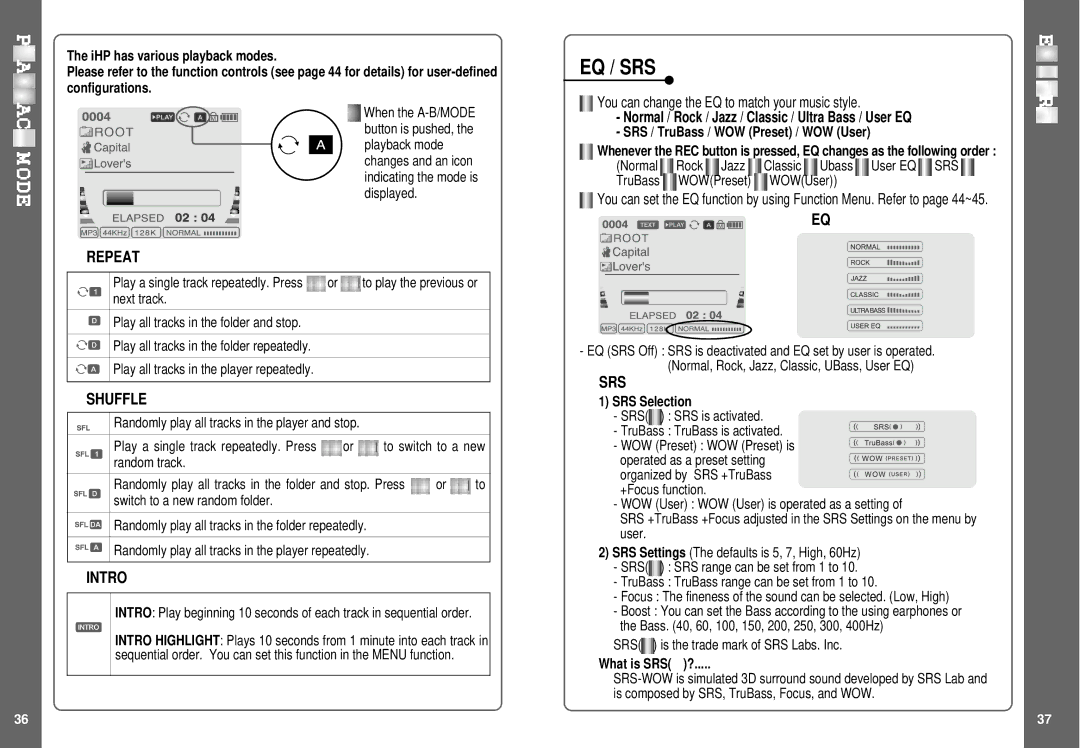 IRiver IHP-140 instruction manual Eq / Srs, SRS / TruBass / WOW Preset / WOW User, SRS Selection, What is SRS ? 