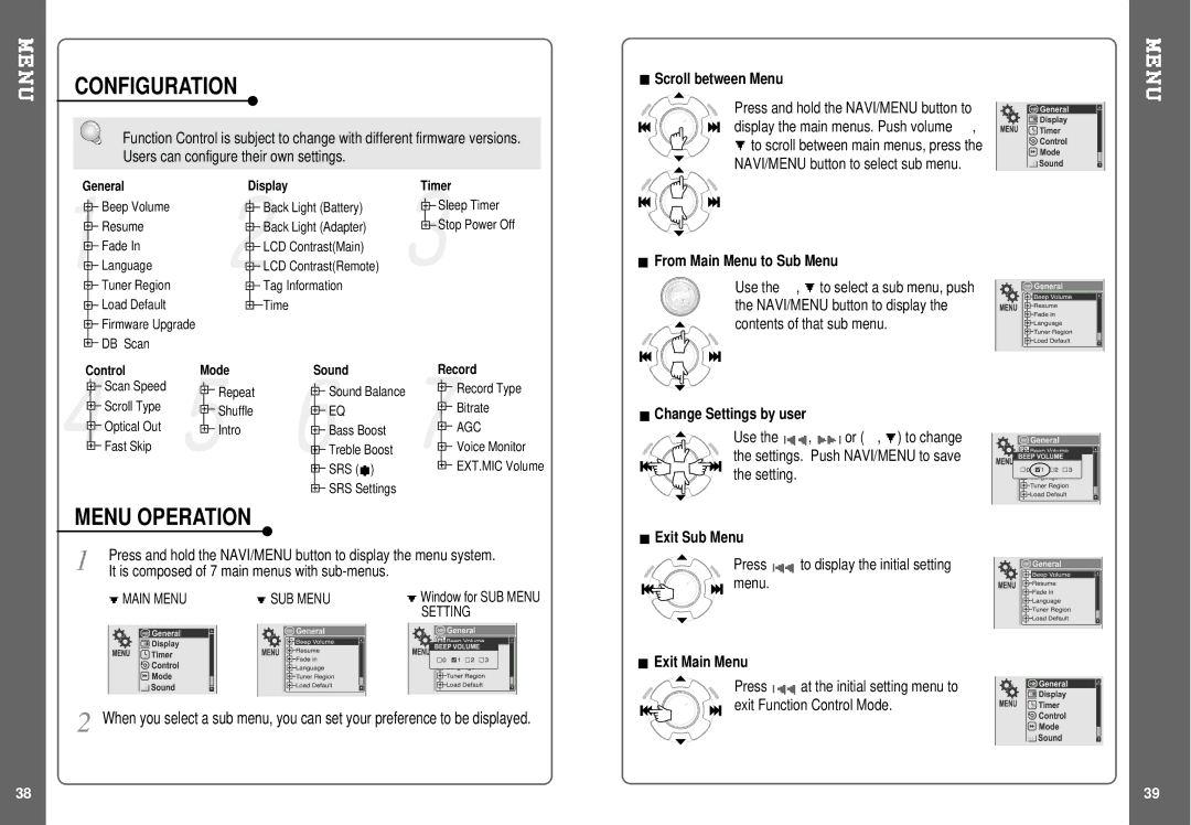 IRiver IHP-140 instruction manual Configuration, Menu Operation 