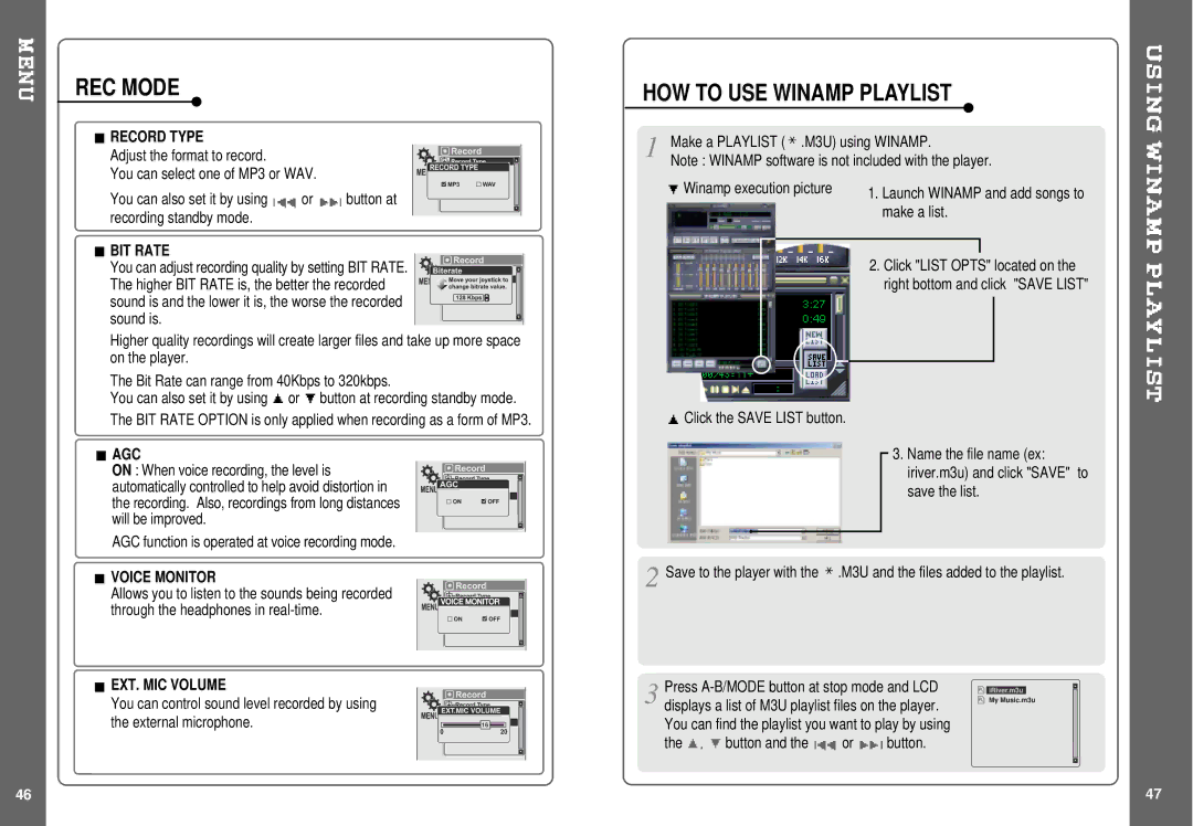 IRiver IHP-140 instruction manual REC Mode, HOW to USE Winamp Playlist 