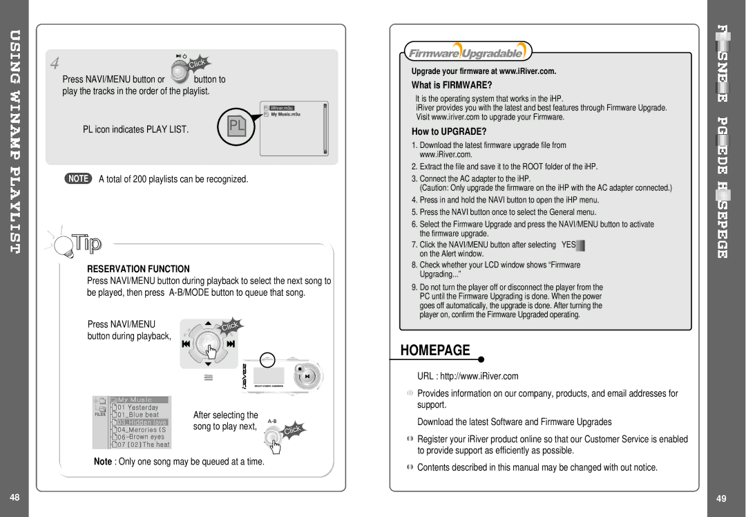 IRiver IHP-140 Homepage, PL icon indicates Play List, Reservation Function, What is FIRMWARE?, How to UPGRADE? 