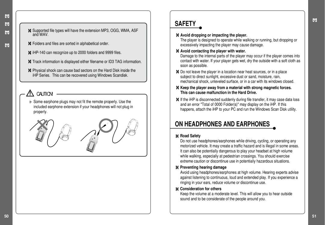 IRiver IHP-140 Avoid dropping or impacting the player, Avoid contacting the player with water, Road Safety 