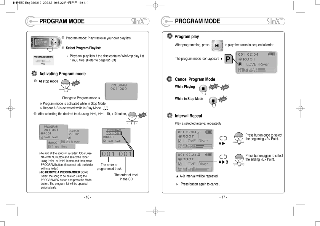 IRiver iMP-350 user manual Activating Program mode, Program play, Cancel Program Mode, Interval Repeat 