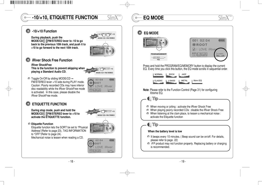 IRiver iMP-350 user manual EQ Mode, 10/+10 Function, IRiver Shock Free Function 