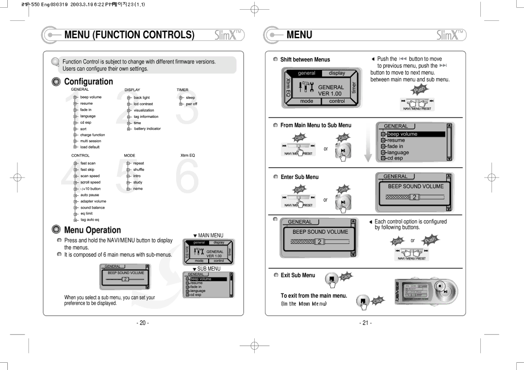 IRiver iMP-350 user manual Menu Function Controls, Configuration Menu Operation 