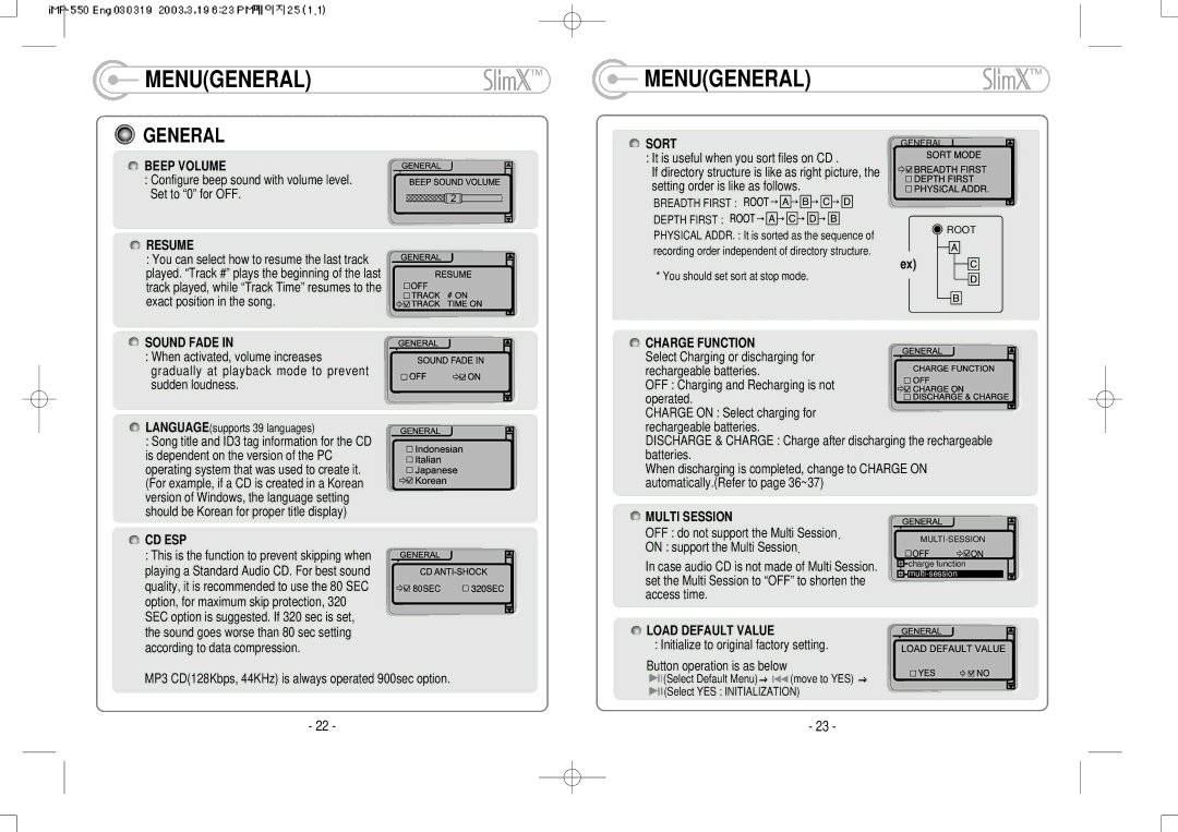 IRiver iMP-350 user manual Menugeneral, General 