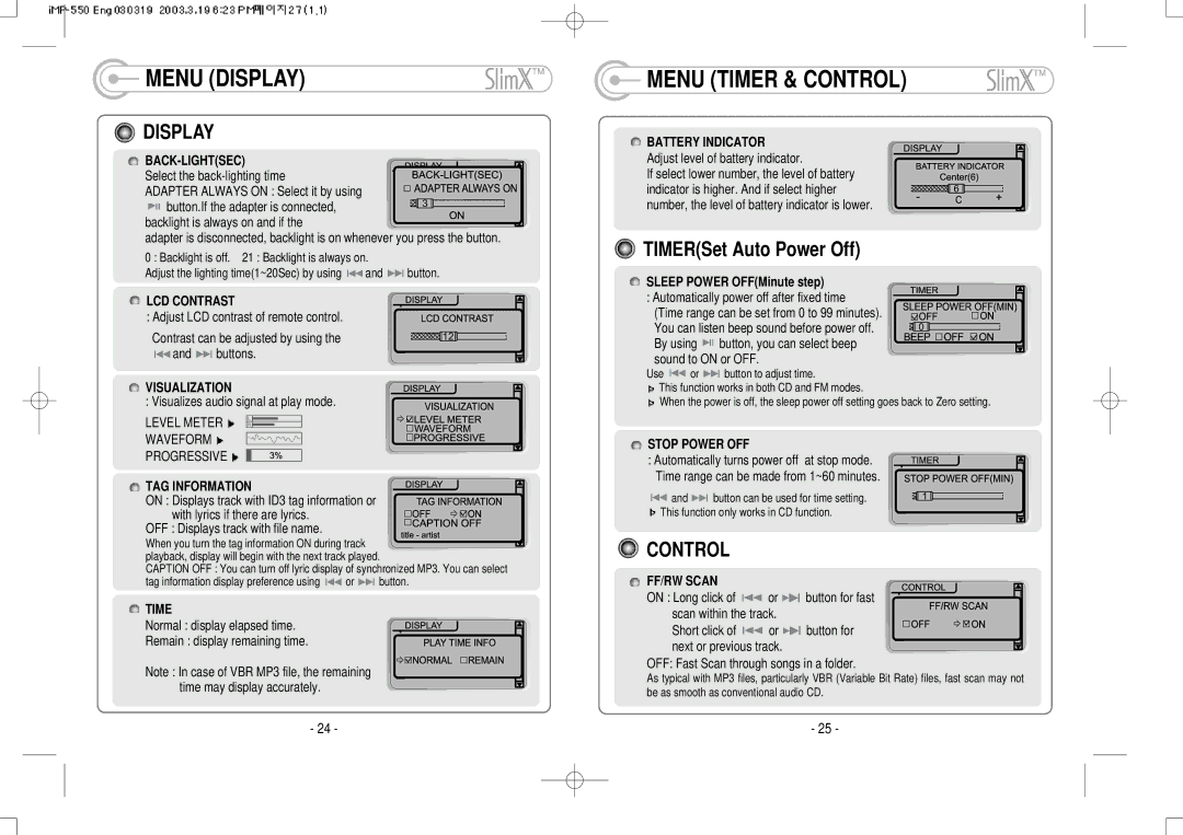 IRiver iMP-350 user manual Menu Display Menu Timer & Control, TIMERSet Auto Power Off 