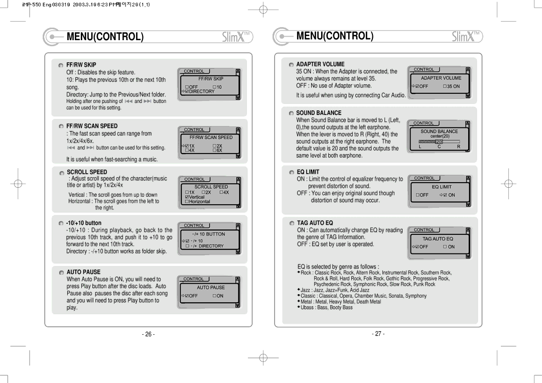 IRiver iMP-350 user manual Menucontrol 