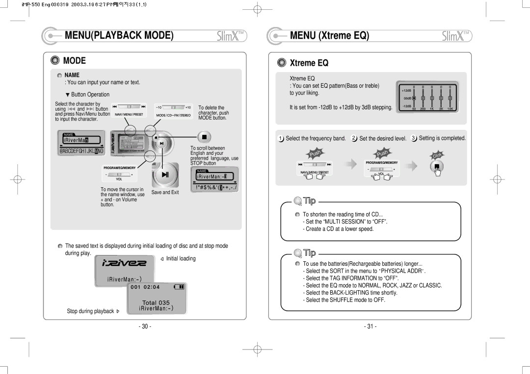 IRiver iMP-350 user manual Mode, Xtreme EQ, Name 