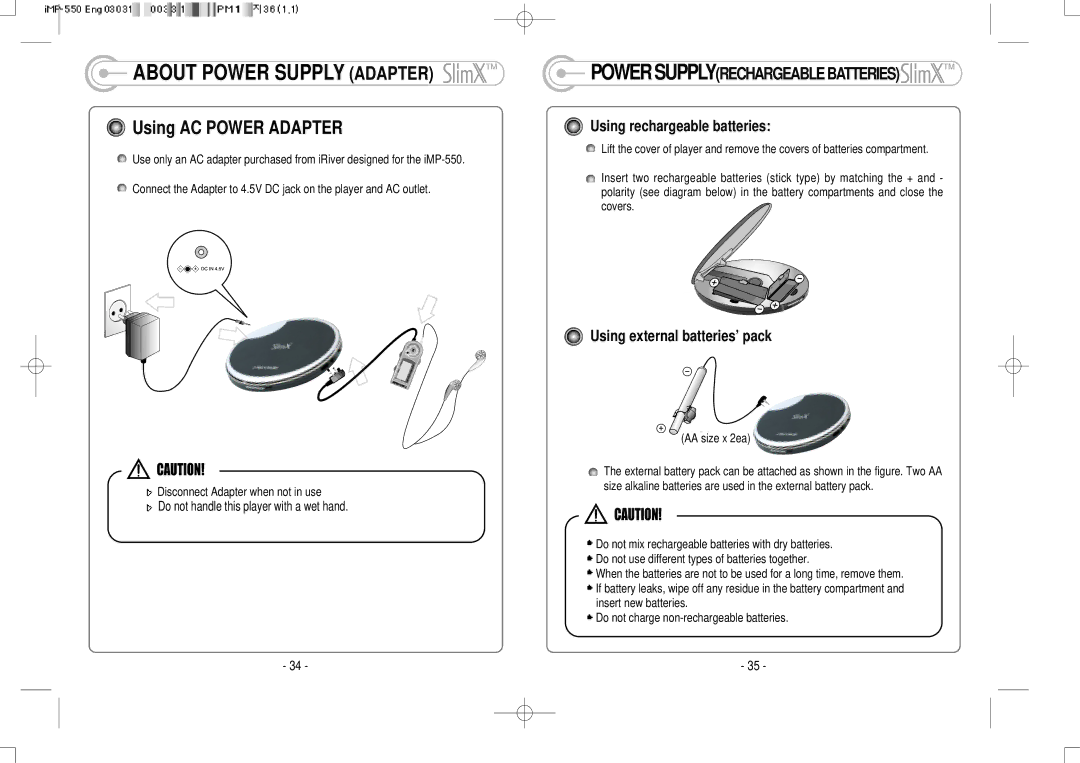 IRiver iMP-350 Using AC Power Adapter, Power Supply, Using rechargeable batteries, Using external batteries’ pack 