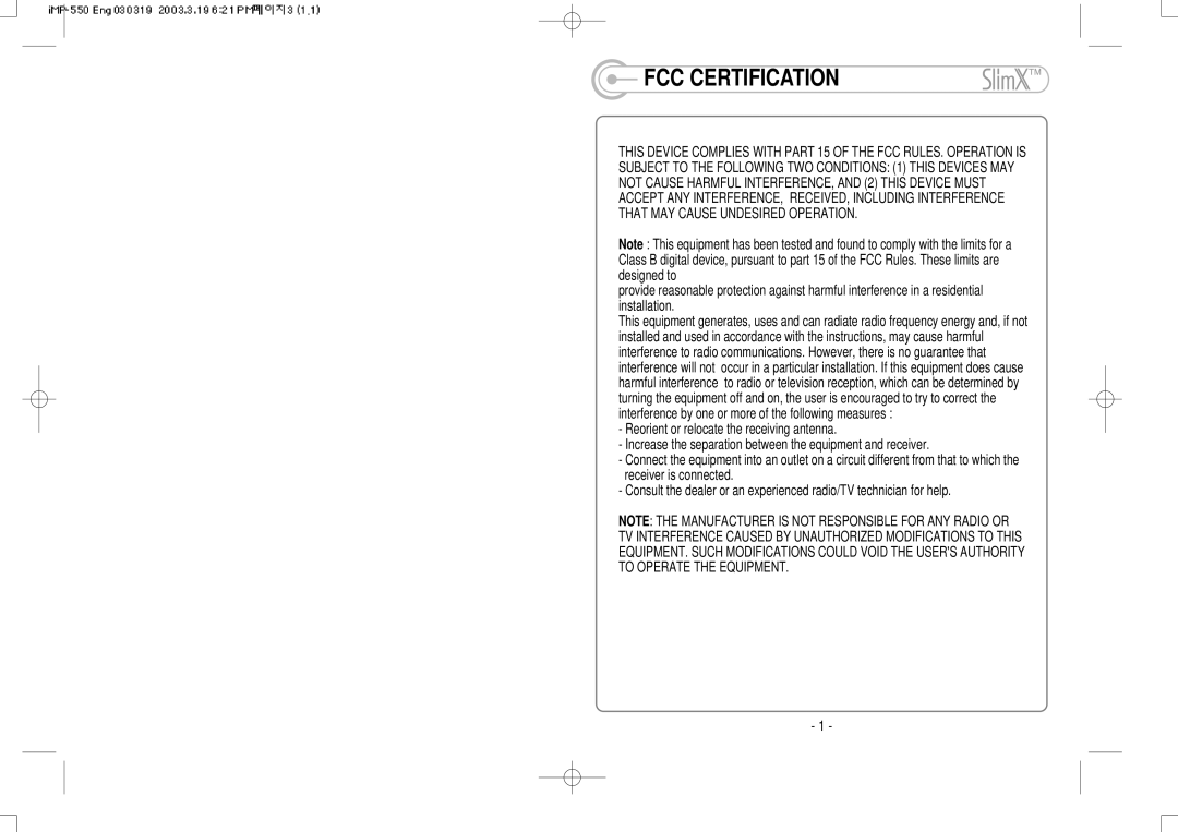 IRiver iMP-350 user manual FCC Certification 